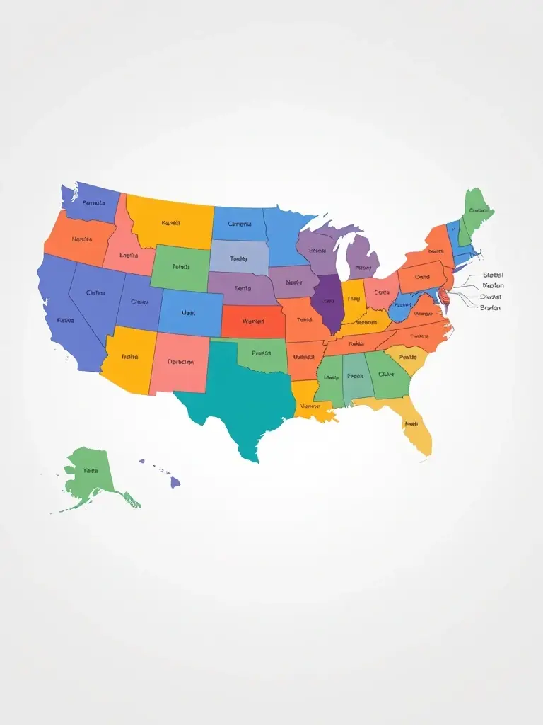 A digital illustration of the United States map, with each state highlighted in a different color, symbolizing the variety of state-specific courses offered by EduPrep.