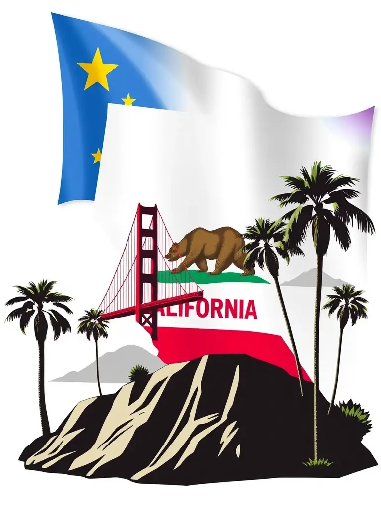 A digital illustration of the state of California with the state flag waving in the background, symbolizing the state-specific courses offered by EduPrep.