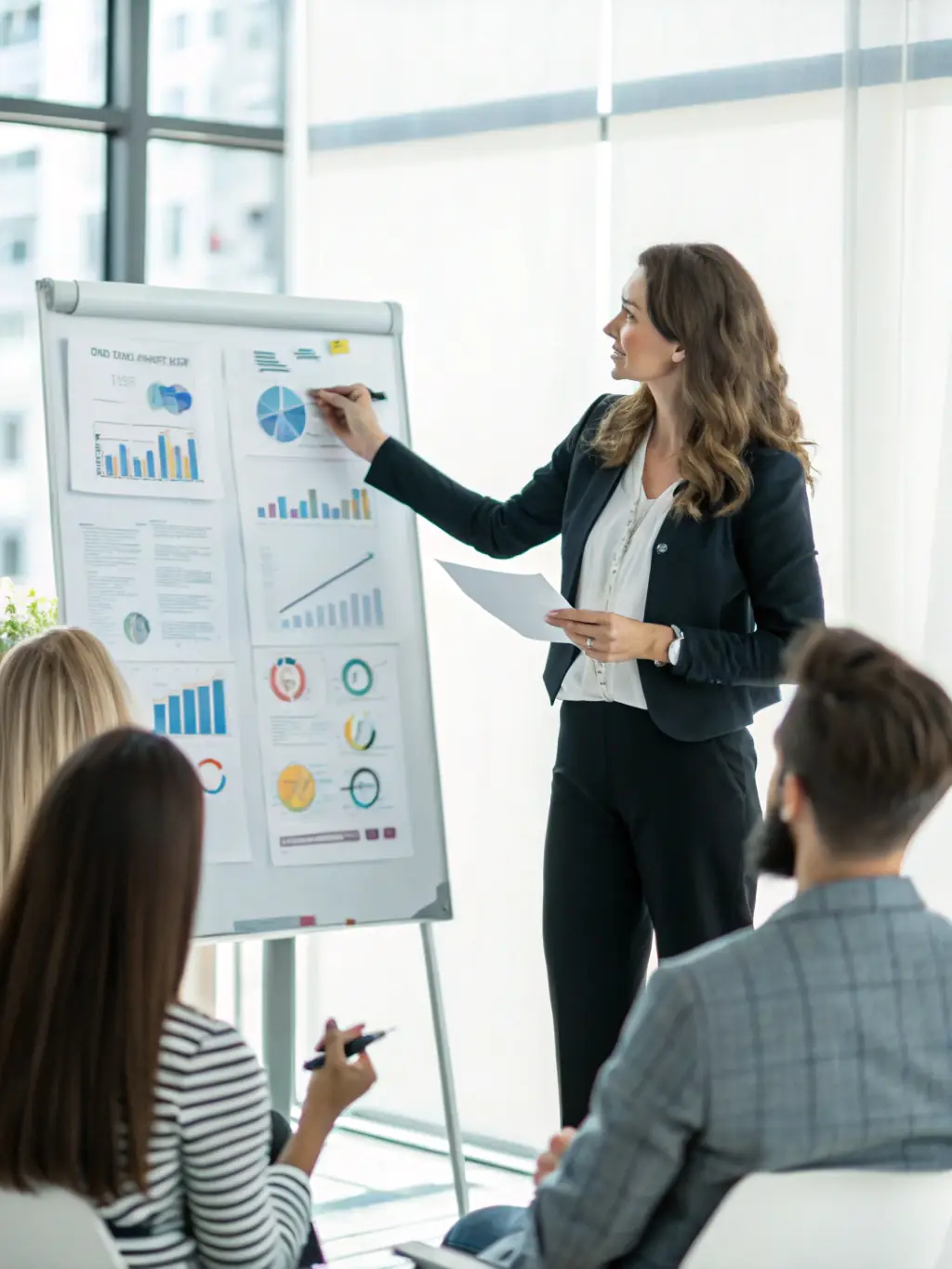 A professional woman confidently presenting a business strategy during a meeting, symbolizing career advancement through EduPrep's courses.